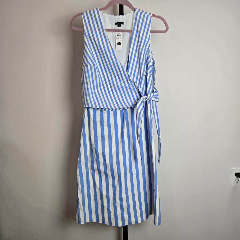 Ann Taylor Blue White Stripe Sleeveless Dress with Tie Wrap Top Cotton 8